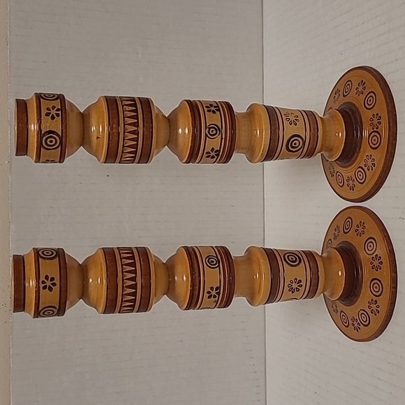 Pair of Boho Turned Wood Candle Holders - Picture 1 of 16